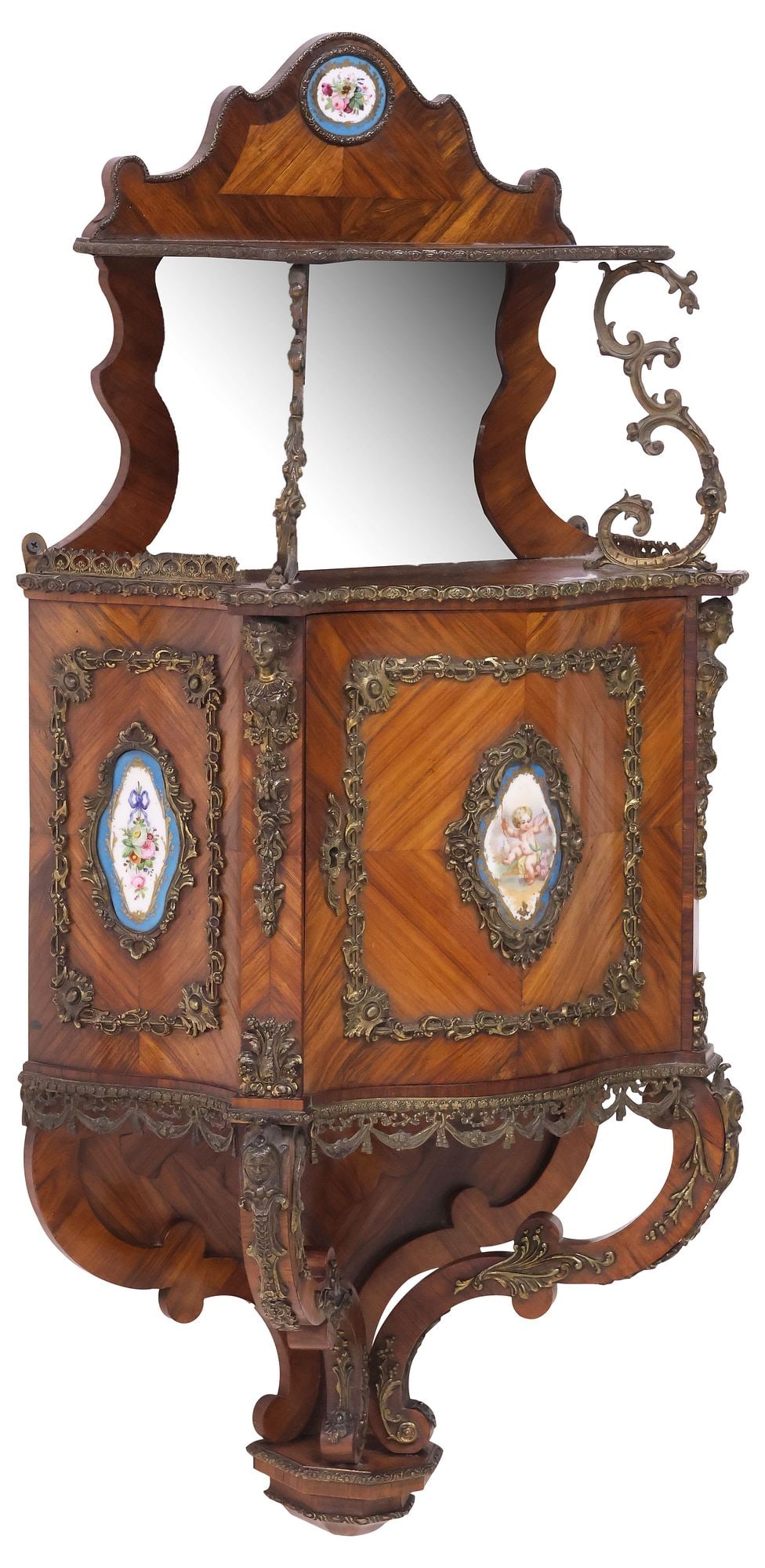 FRENCH LOUIS XV STYLE PORCELAIN-MOUNTED TULIPWOOD WALL CABINET (1 of 7)