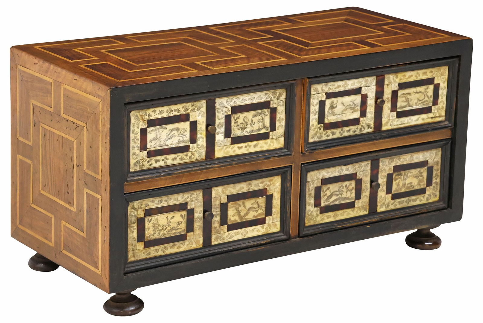 SPANISH BONE & PARQUETRY INLAID PAPELERIA CABINET: Spanish inlaid walnut papeleria or cabinet, 19th c., rectangular case with banded parquetry inlay, four drawers faced with carved bone veneers, depicting figural hunt scenes and animal motifs, contras