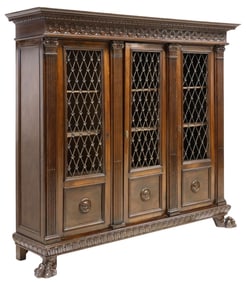 ITALIAN RENAISSANCE REVIVAL CARVED WALNUT & WROUGHT IRON BOOKCASE