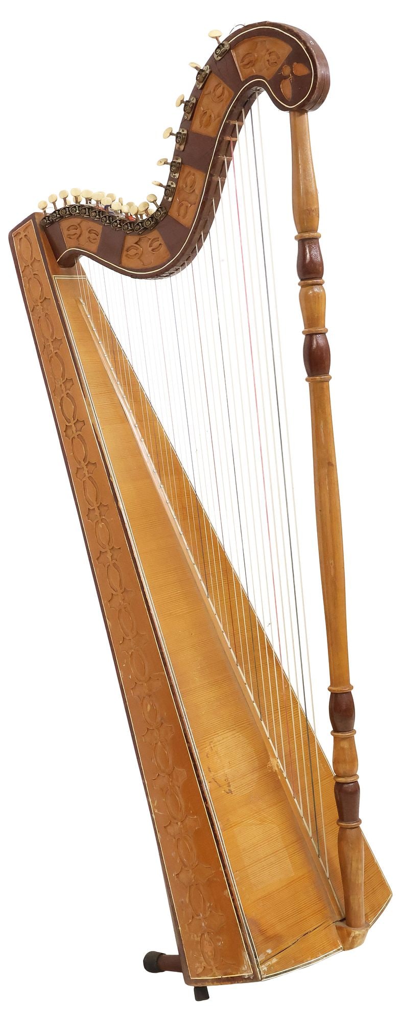 SUISA PARAGUAYAN 36-STRING DIATONIC HARP: Paraguayan 36-string diatonic harp, Suisa, Schwellbrunn, Switzerland, 20th c., having scrolled head with carved foliate motifs, turned arm and cone-shaped sound box, retaining adhesive maker's labels,