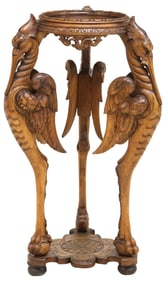 RENAISSANCE REVIVAL CARVED WALNUT FIGURAL BIRDS PEDESTAL TABLE, 42"H