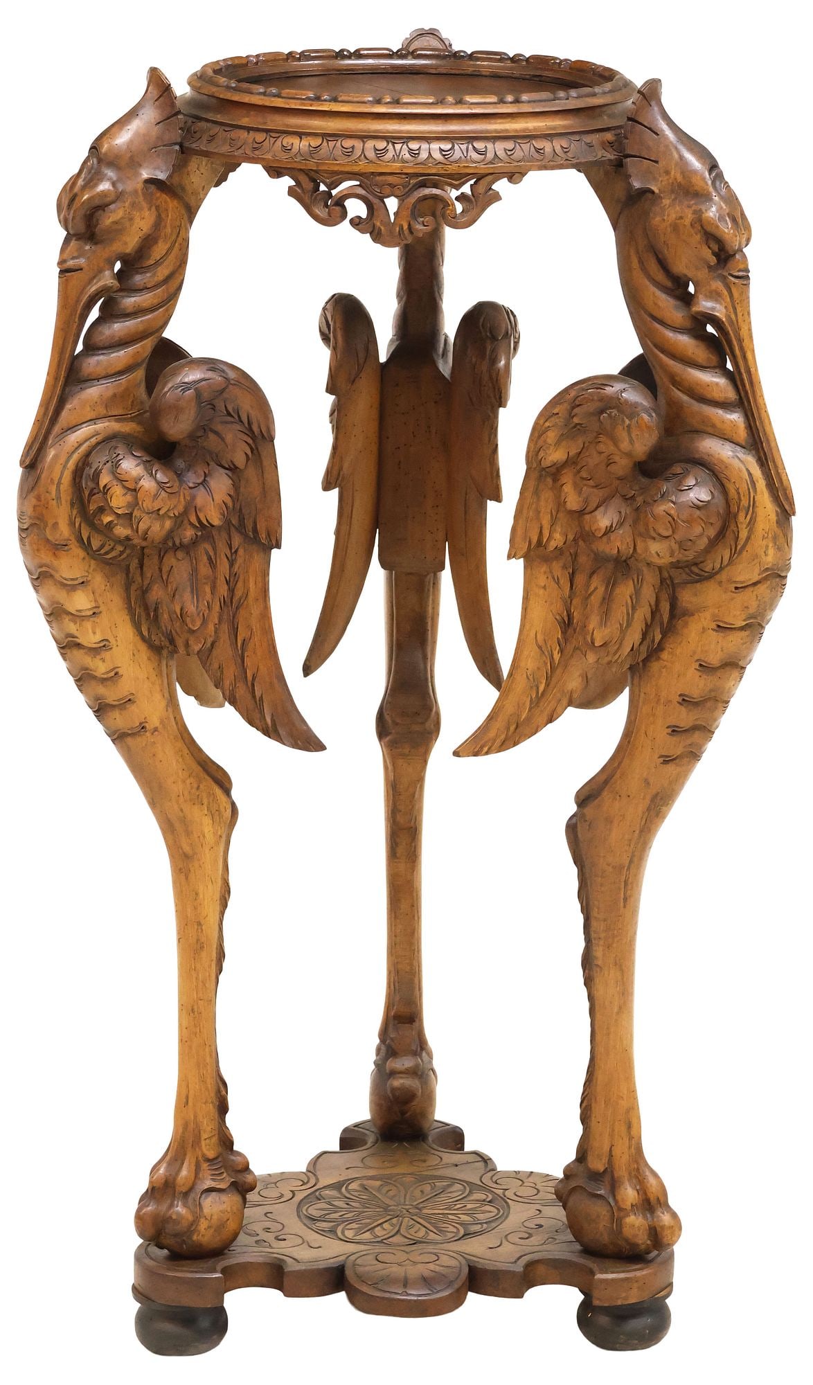 RENAISSANCE REVIVAL CARVED WALNUT FIGURAL BIRDS PEDESTAL TABLE, 42"H (1 of 5)