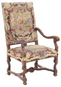 FRENCH LOUIS XIV STYLE TAPESTRY-UPHOLSTERED HIGHBACK ARMCHAIR