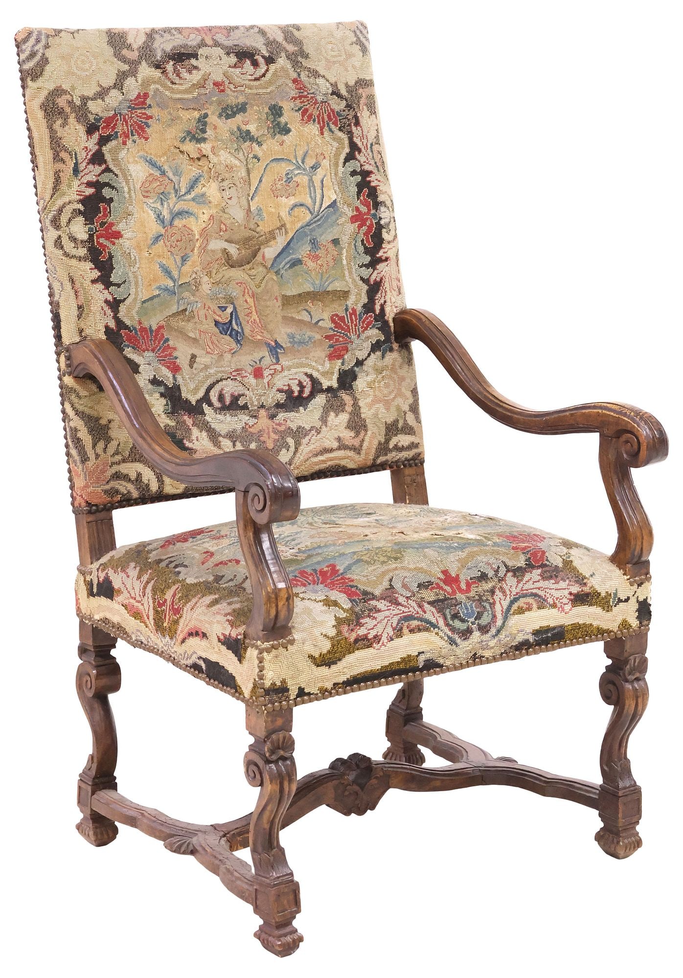 FRENCH LOUIS XIV STYLE TAPESTRY-UPHOLSTERED HIGHBACK ARMCHAIR (1 of 3)