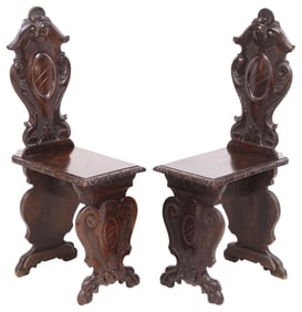 (2) ITALIAN RENAISSANCE REVIVAL CARVED WALNUT HALL CHAIRS