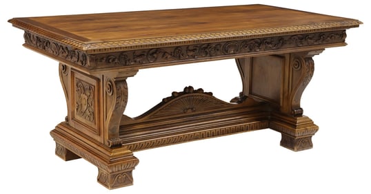 ITALIAN RENAISSANCE REVIVAL CARVED WALNUT TRESTLE TABLE