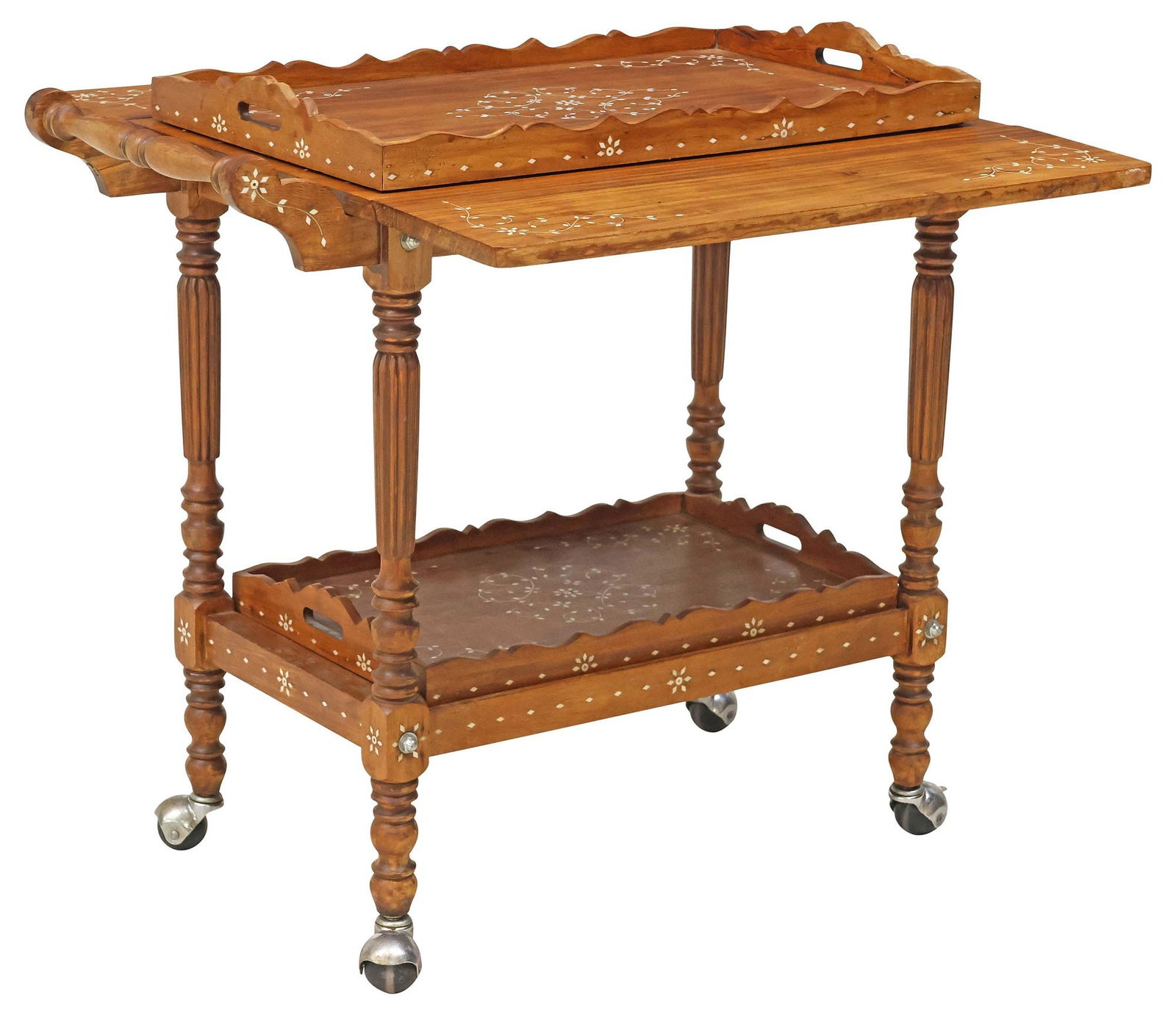 BONE-INLAID DROP-LEAF BAR CART/ SERVICE TROLLEY WITH TRAYS, INDIA: Service trolley/ bar cart, India, 20th c., having rectangular top, with drop-leaf panels on either side, and turned handle bar, bone inlay in a scrolling floral vine motif throughout, rising on fluted