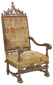 FRENCH GOTHIC REVIVAL JOAN OF ARC NEEDLEWORK UPHOLSTERED WALNUT ARMCHAIR