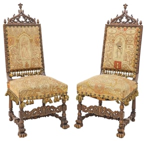 (2) FRENCH GOTHIC REVIVAL NEEDLEWORK UPHOLSTERED WALNUT SIDE CHAIRS