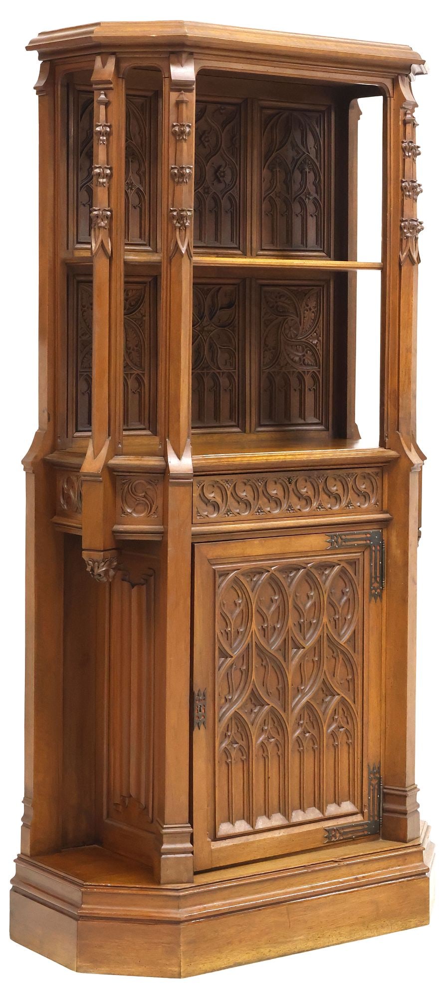 FRENCH GOTHIC REVIVAL CARVED WALNUT CREDENCE CUPBOARD: French Gothic Revival walnut credence cupboard, early 20th c., having shaped cornice, over carved back with carved tracery paneling and single shelf, lower case fitted with drawer, over cabinet with c