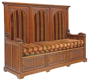 FRENCH GOTHIC STYLE UPHOLSTERED WALNUT HALL BENCH