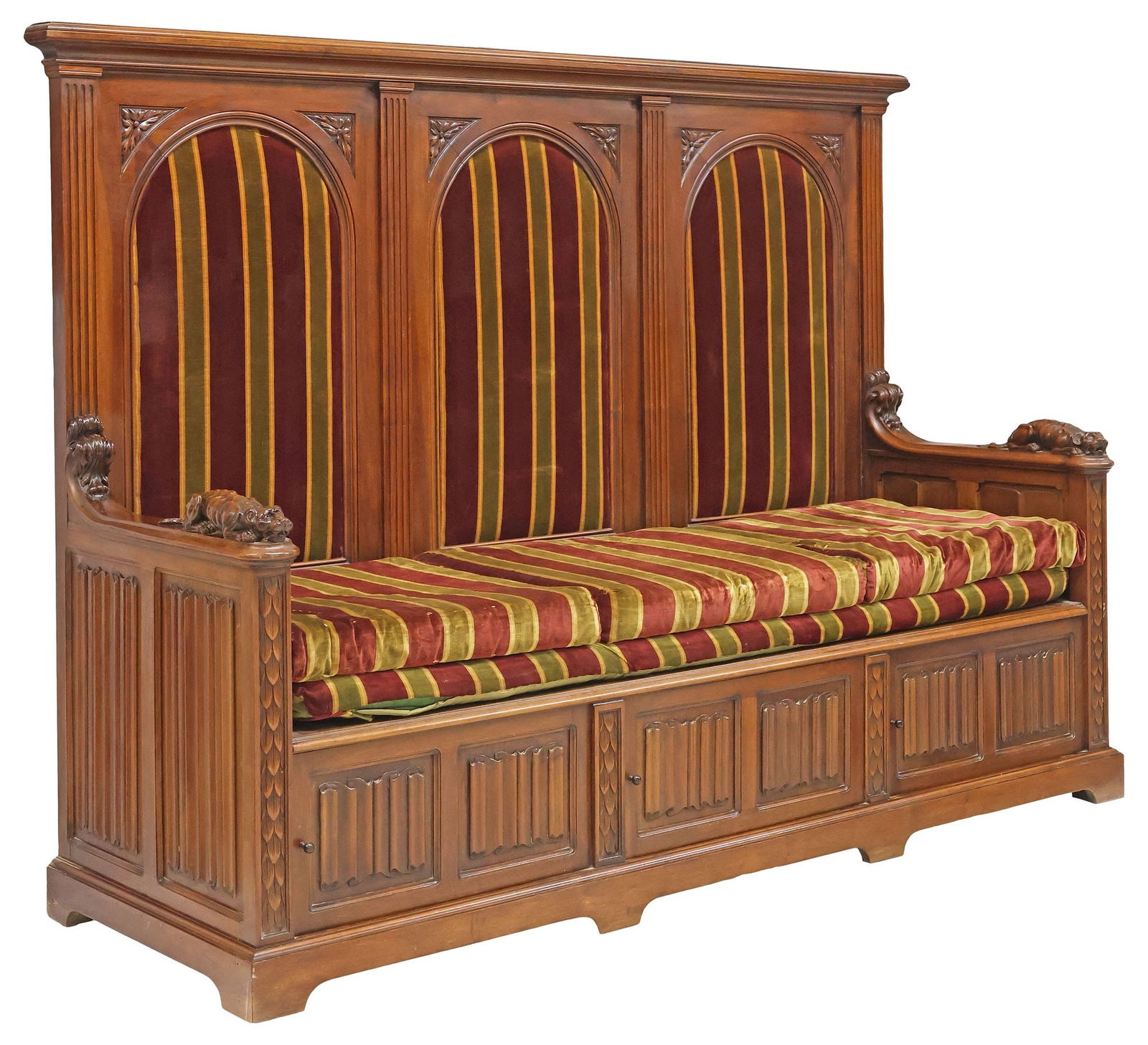 FRENCH GOTHIC STYLE UPHOLSTERED WALNUT HALL BENCH (1 of 6)