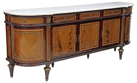 FRENCH LOUIS XVI STYLE MARBLE-TOP LACQUERED MAHOGANY SIDEBOARD