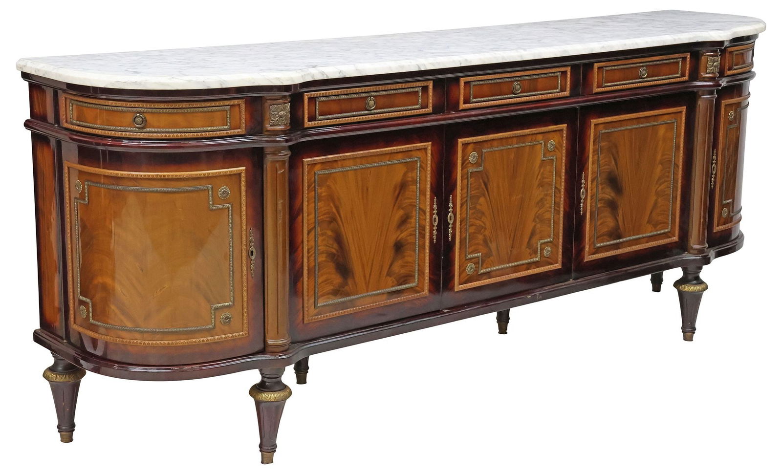FRENCH LOUIS XVI STYLE MARBLE-TOP LACQUERED MAHOGANY SIDEBOARD: French Louis XVI style lacquered flame mahogany sideboard, 20th c., having shaped marble top, over five fabric-lined drawers, and five cabinet doors, four doors enclosing fixed-height shelving, outer