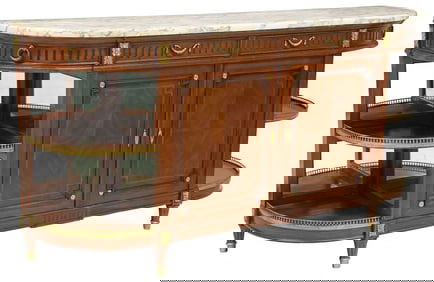 FRENCH LOUIS XVI STYLE MARBLE-TOP MAHOGANY DEMILUNE SIDEBOARD