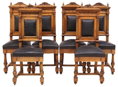 (6) ITALIAN RENAISSANCE REVIVAL WALNUT & LEATHER DINING CHAIRS