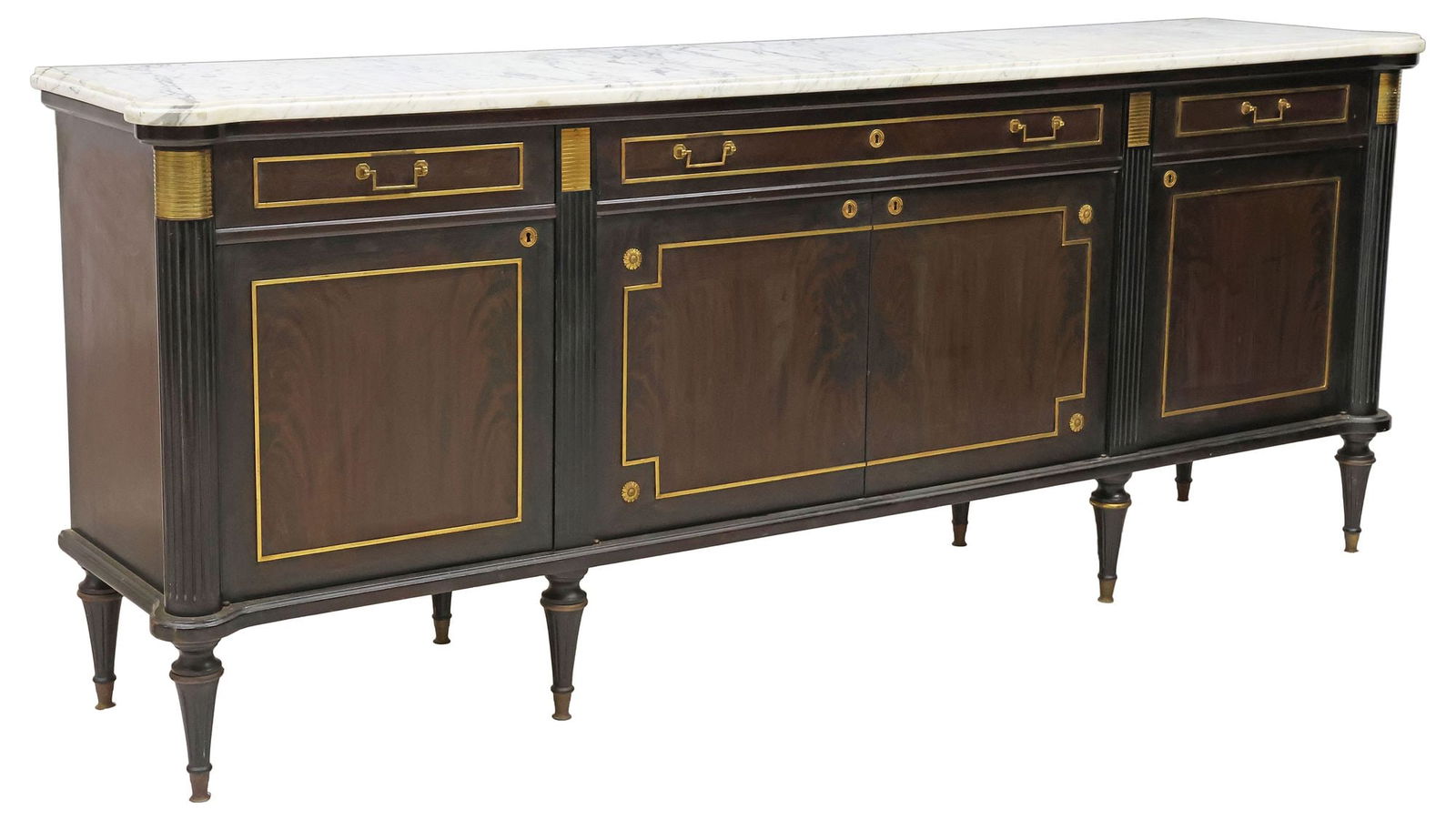 FRENCH LOUIS XVI STYLE MARBLE-TOP MAHOGANY SIDEBOARD: French Louis XVI style mahogany sideboard, 20th c., having shaped marble top, over conforming case fitted with three frieze drawers, and four paneled cabinets with gilt-metal banded trim, central doub