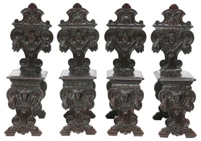 (4) ITALIAN RENAISSANCE REVIVAL CARVED & EBONIZED HALL CHAIRS