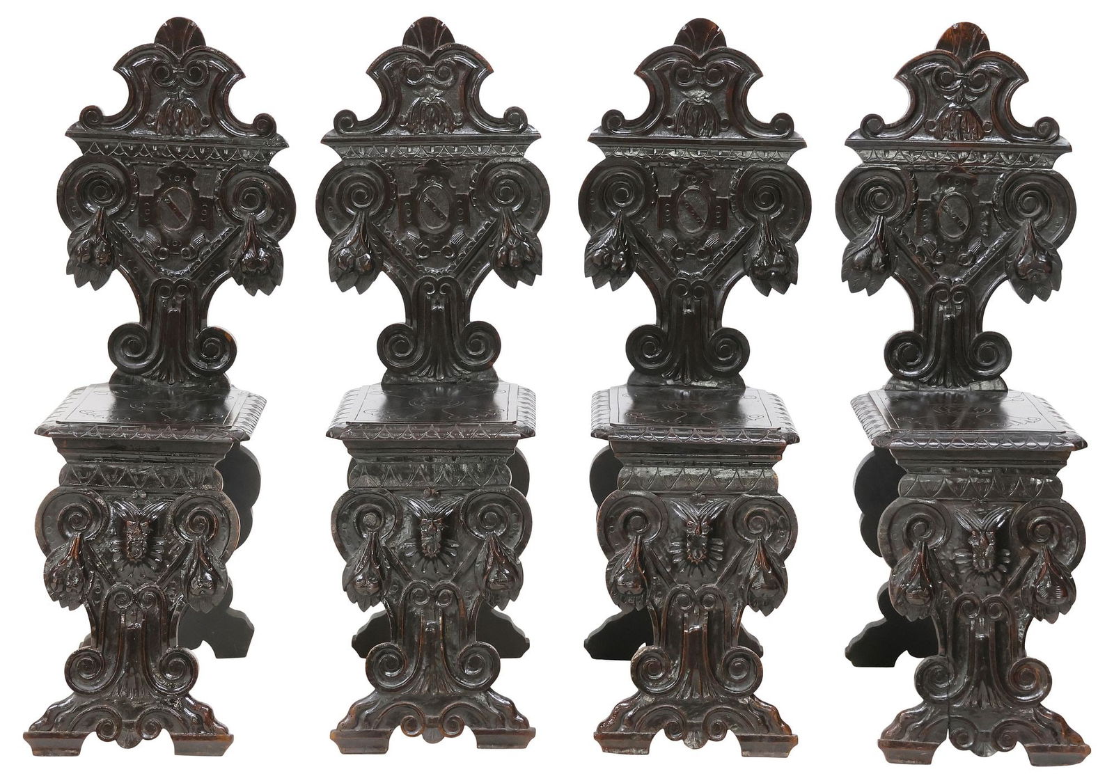 (4) ITALIAN RENAISSANCE REVIVAL CARVED & EBONIZED HALL CHAIRS (1 of 4)