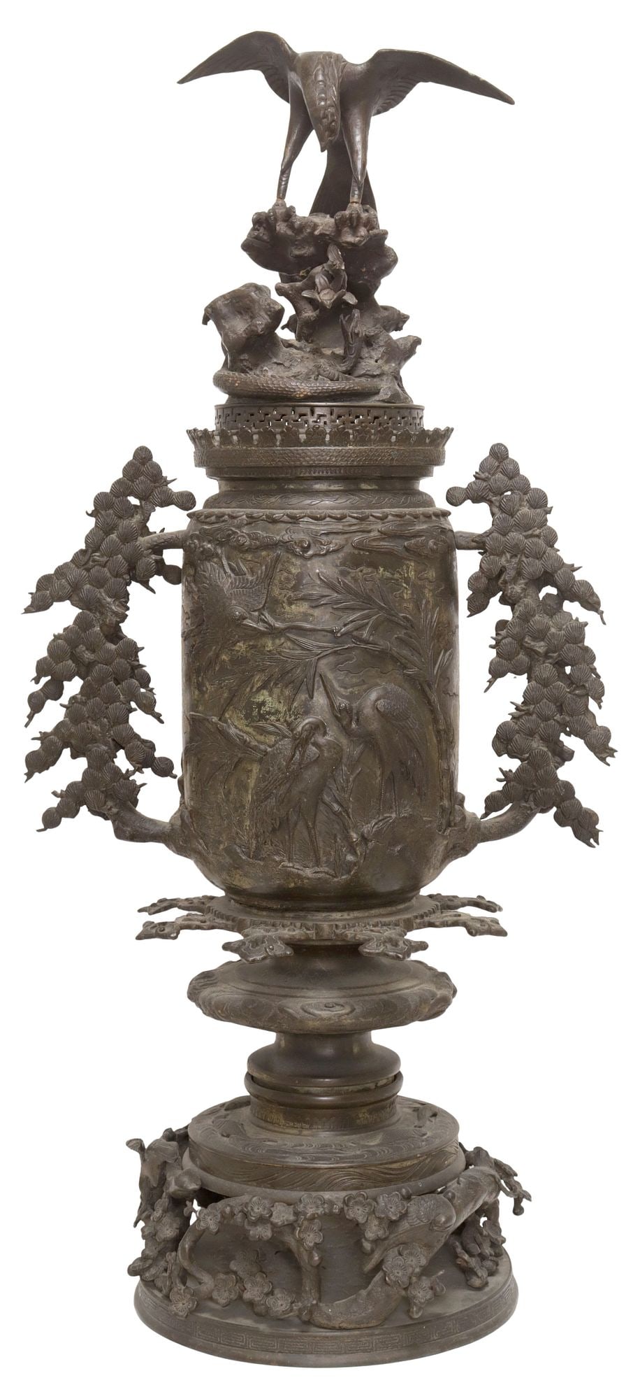 LARGE JAPANESE MEIJI PERIOD PATINATED BRONZE COVERED VASE, 27.5"H (1 of 7)