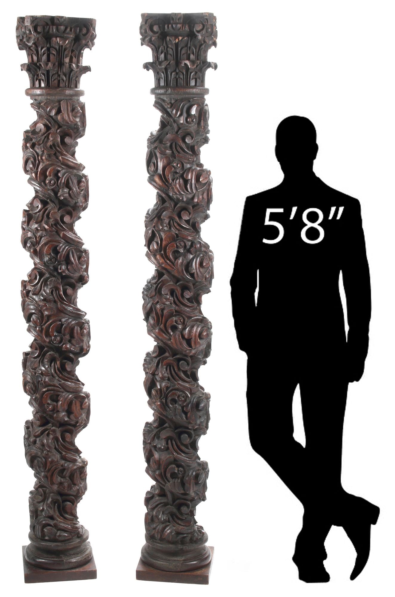 (2) LARGE CONTINENTAL CARVED ARCHITECTURAL SOLOMONIC COLUMNS, 91"H (1 of 6)