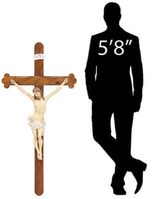 LARGE POLYCHROME-PAINTED CARVED WOOD CRUCIFIX, 48.5"H