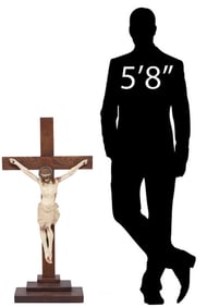 LARGE CARVED & PAINTED WOOD ALTAR CRUCIFIX, 34"H