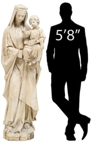 LIFE-SIZE CONTINENTAL CARVED WOOD SCULPTURE, MADONNA & CHILD, 67"H