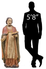 LARGE CONTINENTAL CARVED & PAINTED WOOD RELIGIOUS SAINT FIGURE, 55"H
