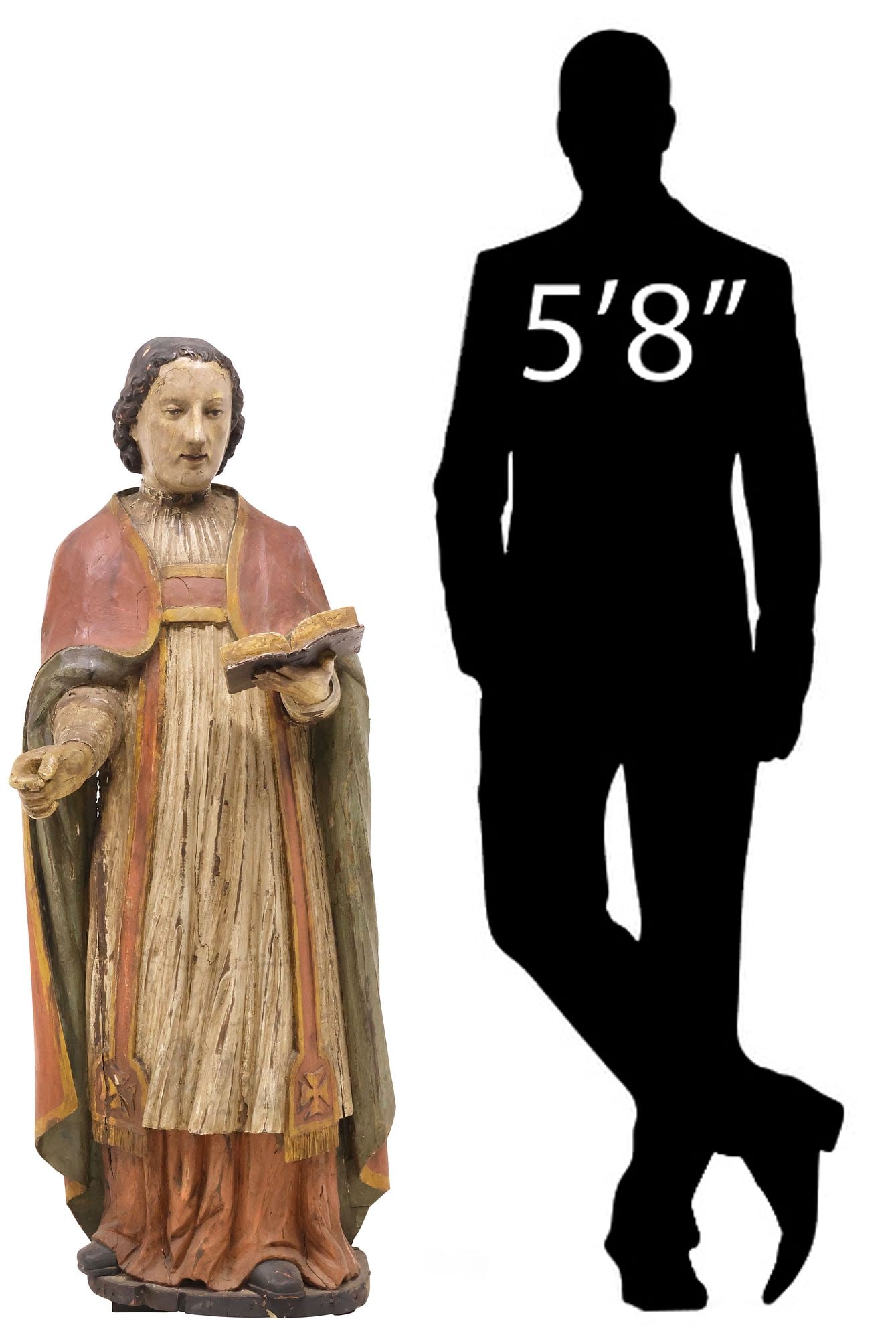 LARGE CONTINENTAL CARVED & PAINTED WOOD RELIGIOUS SAINT FIGURE, 55"H (1 of 5)