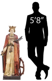 LARGE CONTINENTAL CARVED RELIGIOUS FIGURE, SAINT CATHERINE OF ALEXANDRIA, 40"H