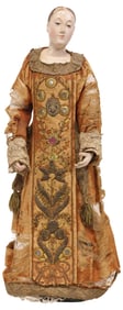 FINE SPANISH COLONIAL SANTO IN GOLDWORK ROBES, FEMALE SAINT WITH STONE