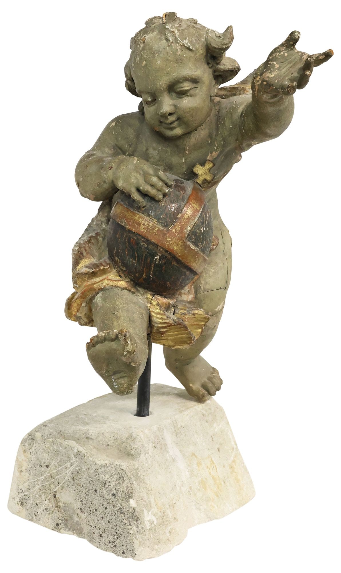 CONTINENTAL PARCEL-GILT CARVED ARCHITECTURAL PUTTO ON STAND, 30"H (1 of 4)