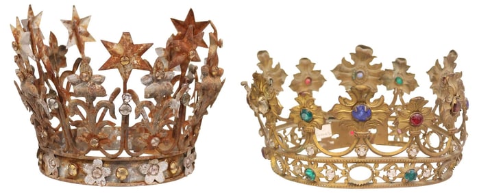 (2) RELIGIOUS ENCRUSTED METAL SANTO'S ALTAR FIGURE CROWNS