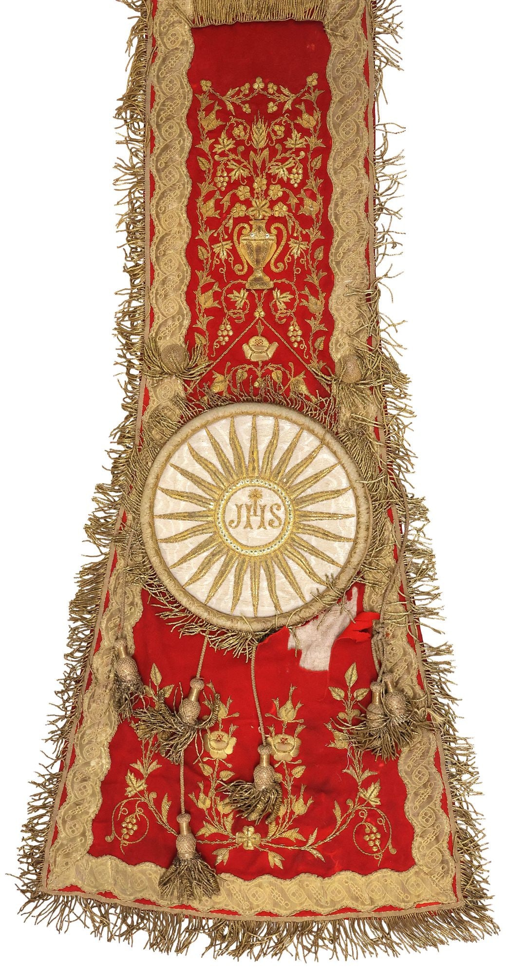 FINE FRENCH METALLIC-EMBROIDERED LITURGICAL VESTMENT STOLE, DATED 1876: Fine French liturgical vestment stole, profusely embroidered with couched metallic threads, forming flowering urns, grape clusters, and floral blossoms in scrolling foliate surround, on red velvet gro