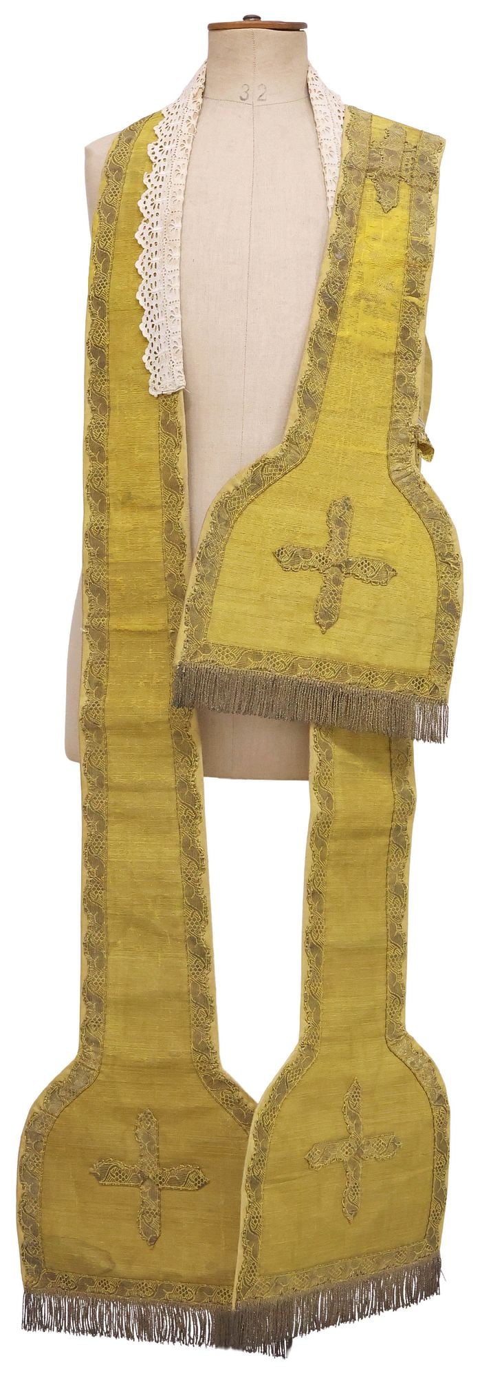 (2) CONTINENTAL GOLDWORKED EMBROIDERY LITURGICAL STOLE & MANIPLE: (lot of 2) Continental liturgical vestments, each with woven yellow and metallic thread ground, applique goldworked embroidery trim with grape vine pattern trim and fringe, crucifix motif at either en