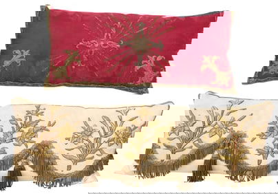 (2) FINE SILK THROW PILLOWS WITH ANTIQUE LITURGICAL VESTMENT FRAGMENTS