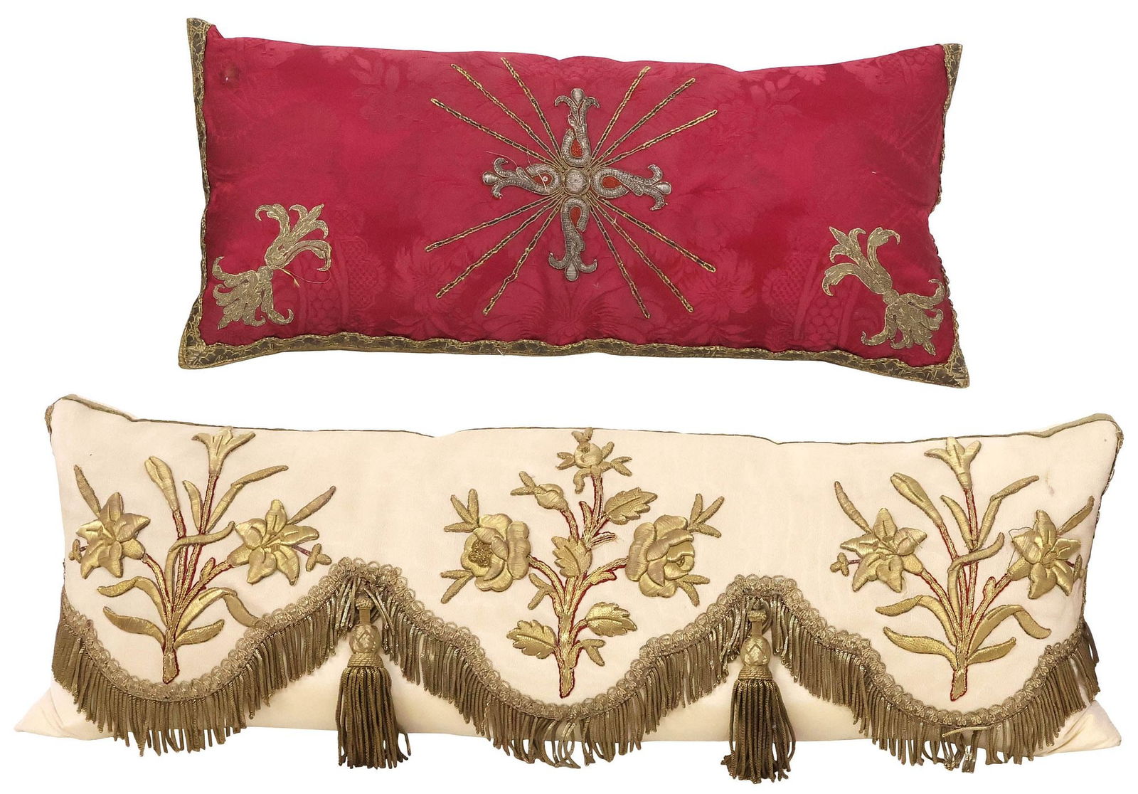 (2) FINE SILK THROW PILLOWS WITH ANTIQUE LITURGICAL VESTMENT FRAGMENTS: (lot of 2) Custom-upholstered throw pillows, fashioned with fragments of fine 18th/ 19th c. liturgical vestments, each with padded goldwork embroidery executed in gold and silver metal thread, down-fi