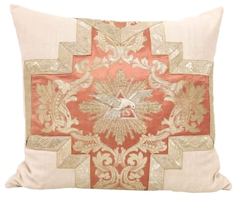 FINE THROW PILLOW WITH ANTIQUE 'HOLY DOVE' LITURGICAL VESTMENT FRONT