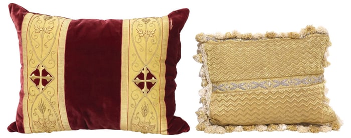 (2) FINE THROW PILLOWS WITH ANTIQUE EMBROIDERED LITURGICAL VESTMENT FRONTS