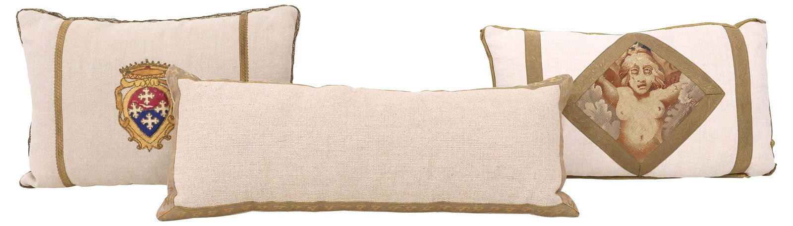 (3) FINE THROW PILLOWS WITH ANTIQUE LITURGICAL VESTMENT FRAGMENTS: (lot of 3) Custom-upholstered throw pillows, fashioned with fragments of fine 18th/ 19th c. liturgical vestments, each with beige linen ground, down-filled insert, including: (1) having central embroi