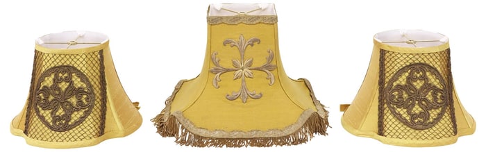 (3) FINE SILK LAMP SHADES WITH ANTIQUE LITURGICAL VESTMENT FRAGMENTS