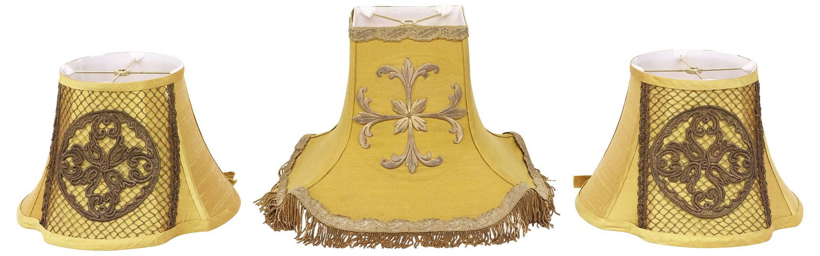(3) FINE SILK LAMP SHADES WITH ANTIQUE LITURGICAL VESTMENT FRAGMENTS (1 of 4)