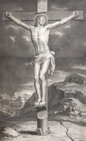 G. EDELINCK (D.1707) AFTER EUSTACHE LE SUEUR CRUCIFIXION ENGRAVING, 50" X 32"