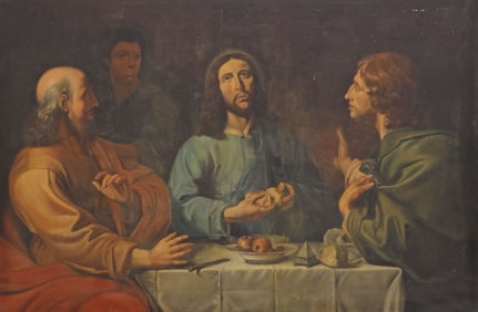 FRENCH SCHOOL RELIGIOUS PAINTING, 'THE SUPPER OF EMMAUS,' 48" X 74"