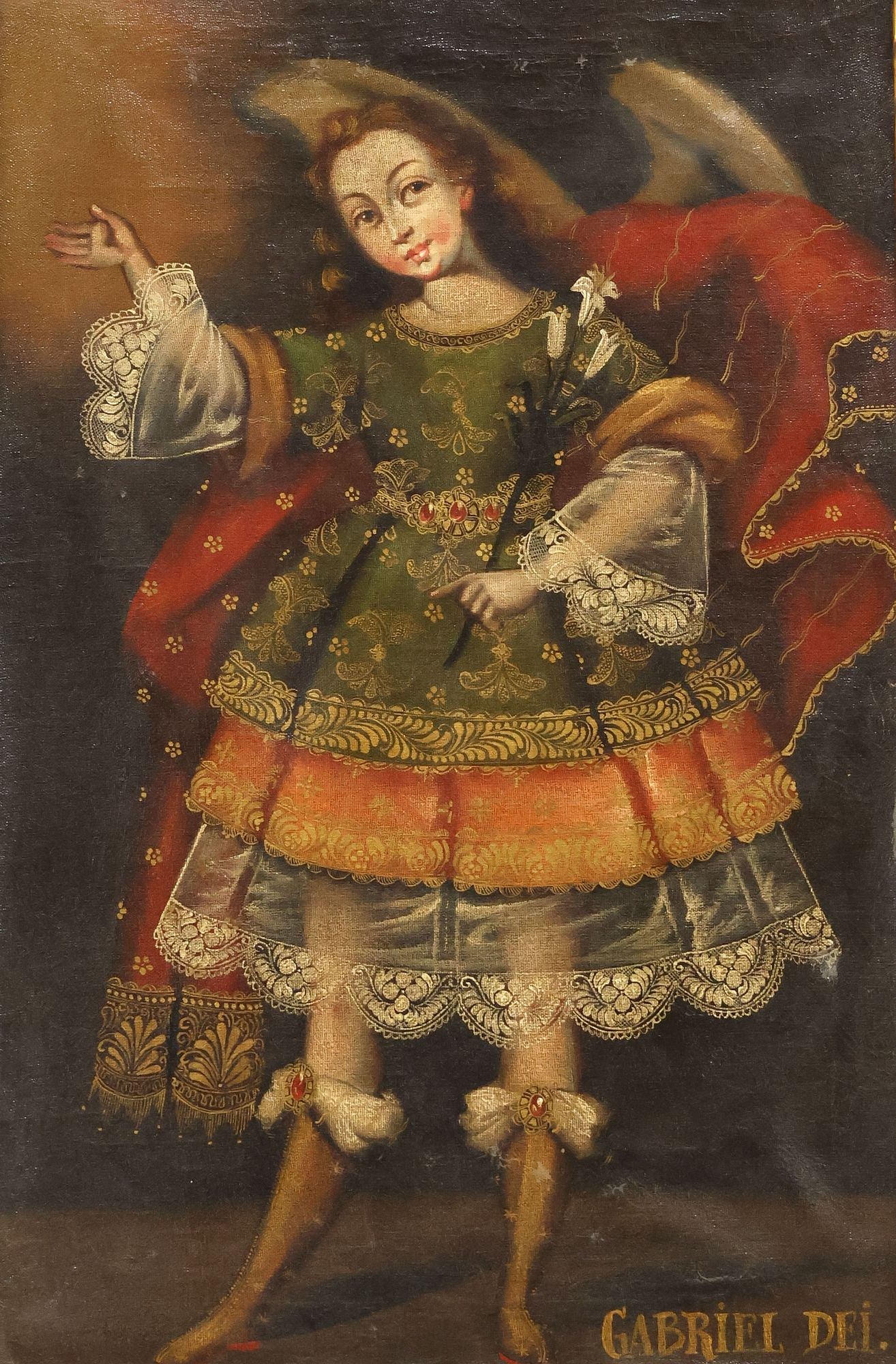 CUZCO SCHOOL STYLE OIL PAINTING, ARCHANGEL GABRIEL WITH LILIES (1 of 4)