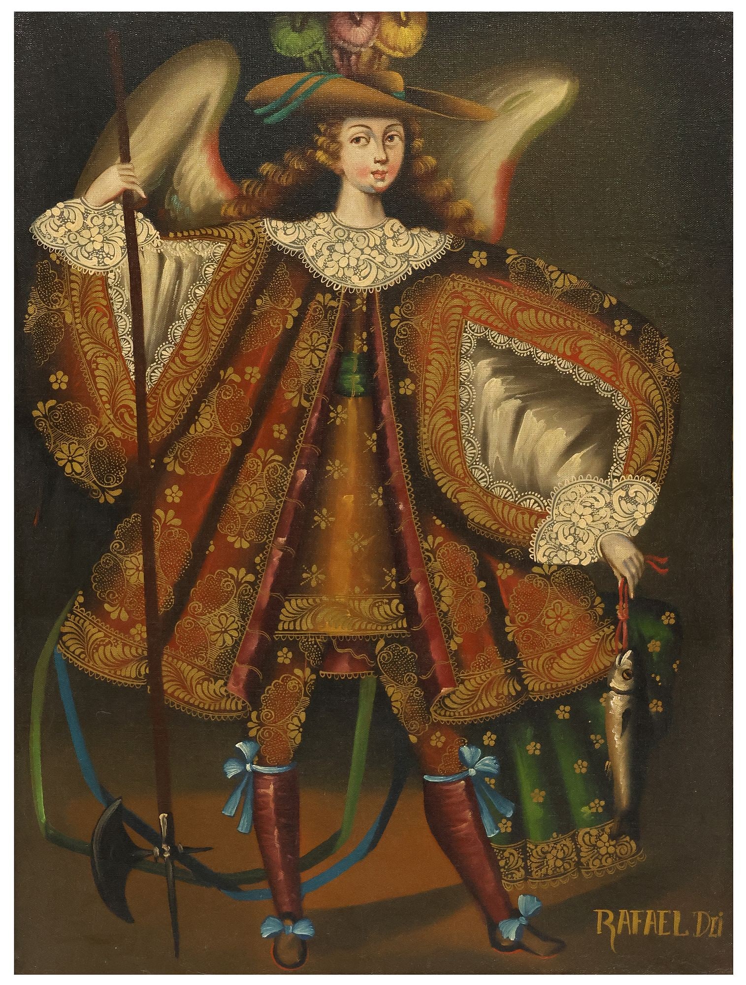 CUZCO SCHOOL STYLE OIL PAINTING, ARCHANGEL RAPHAEL (1 of 4)