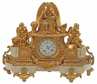 FRENCH ORMOLU & MARBLE FIGURAL ANGEL & CHERUBS MANTEL CLOCK