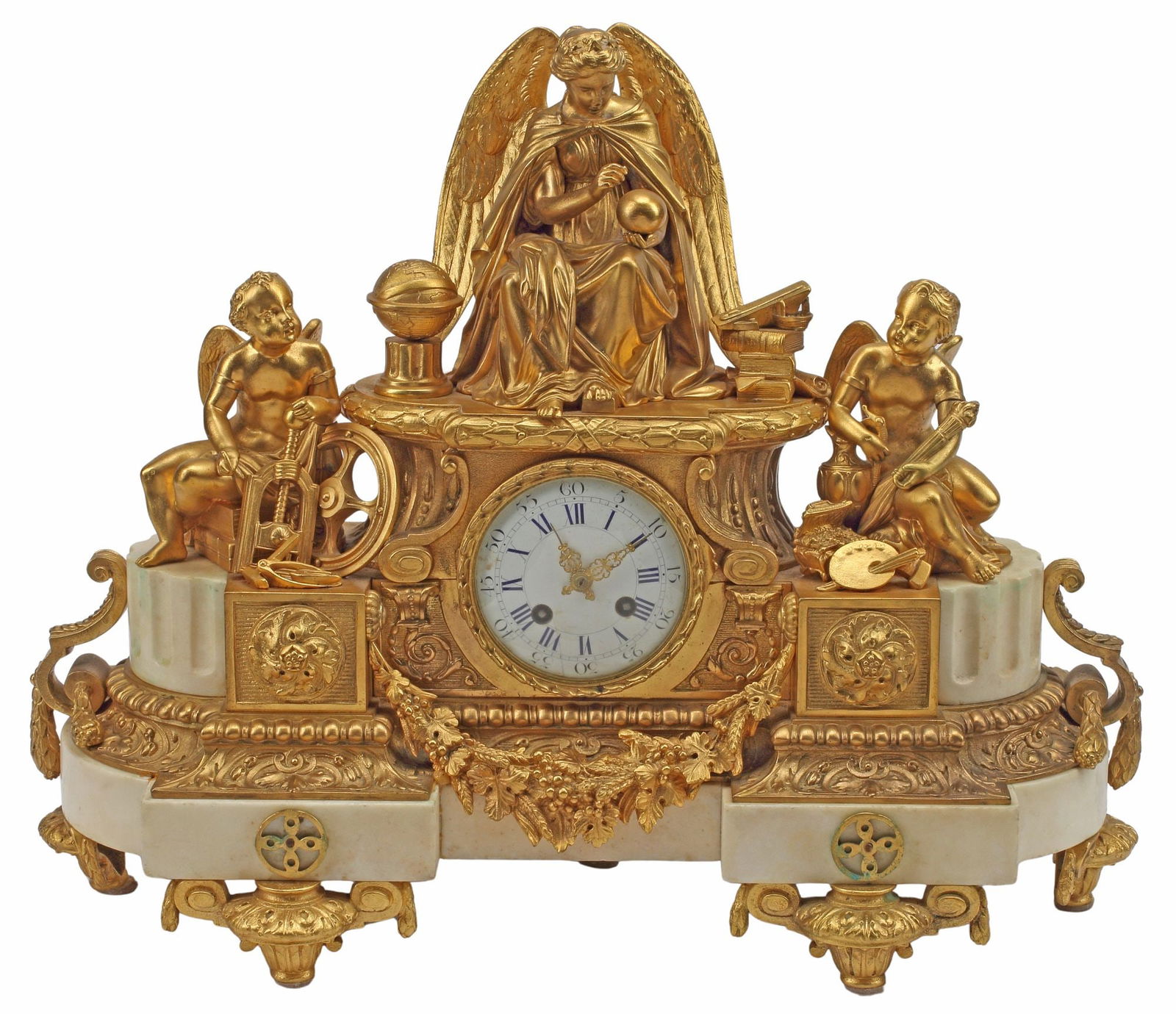 FRENCH ORMOLU & MARBLE FIGURAL ANGEL & CHERUBS MANTEL CLOCK (1 of 7)