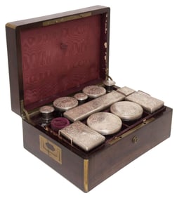 FRENCH BRASS-BOUND ROSEWOOD DRESSING BOX,  SILVER FITTINGS